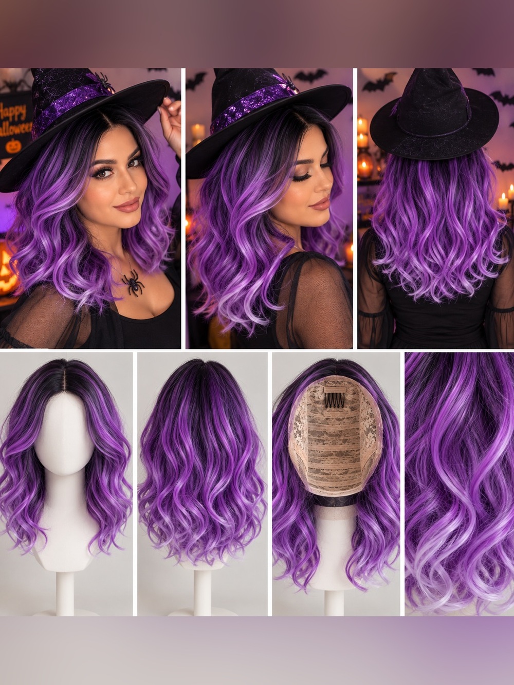 Purple Ombre Wavy Wig Dark Roots Lavender Curls Halloween Costume Wig